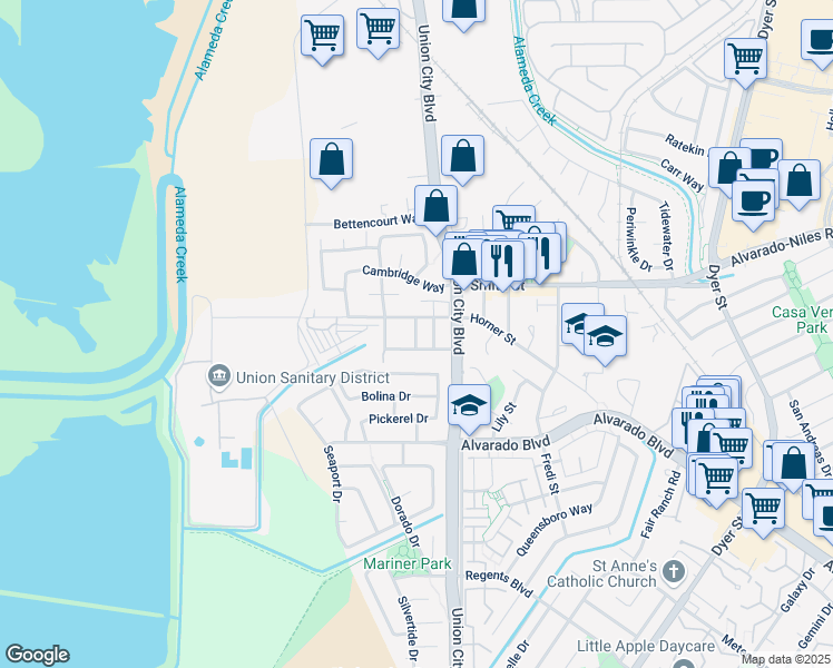 map of restaurants, bars, coffee shops, grocery stores, and more near 4136 Marsten Avenue in Union City