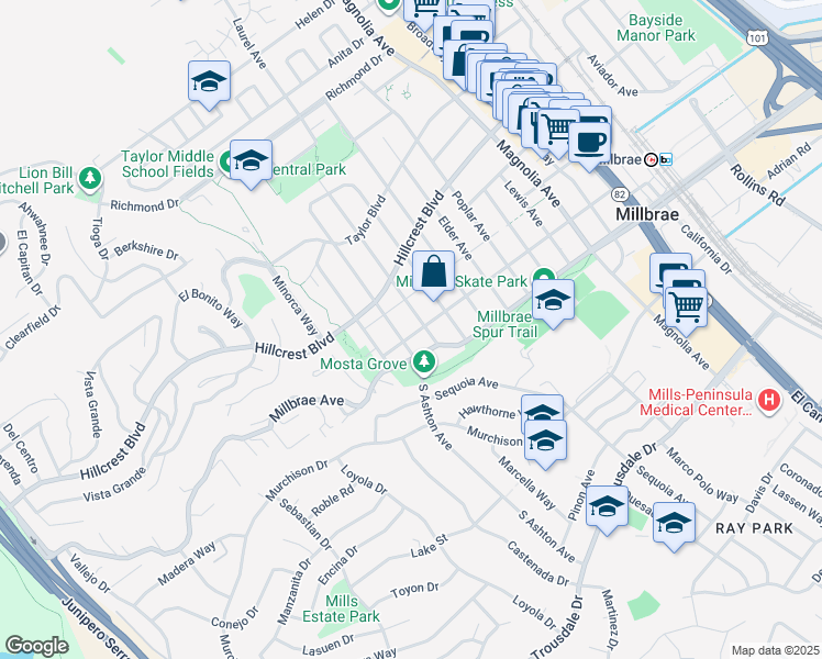 map of restaurants, bars, coffee shops, grocery stores, and more near 120 El Paseo in Millbrae