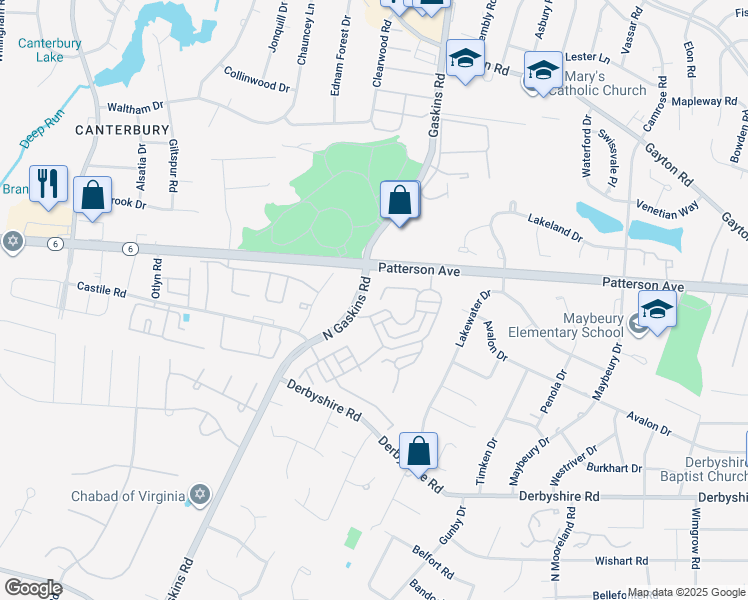 map of restaurants, bars, coffee shops, grocery stores, and more near 9530 Nassington Court in Richmond