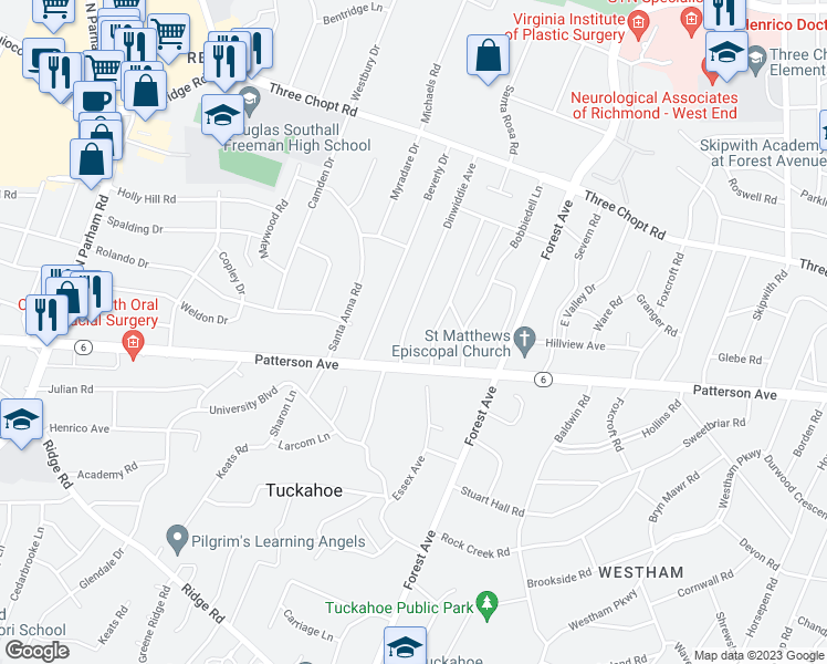 map of restaurants, bars, coffee shops, grocery stores, and more near 1111 Dinwiddie Avenue in Henrico