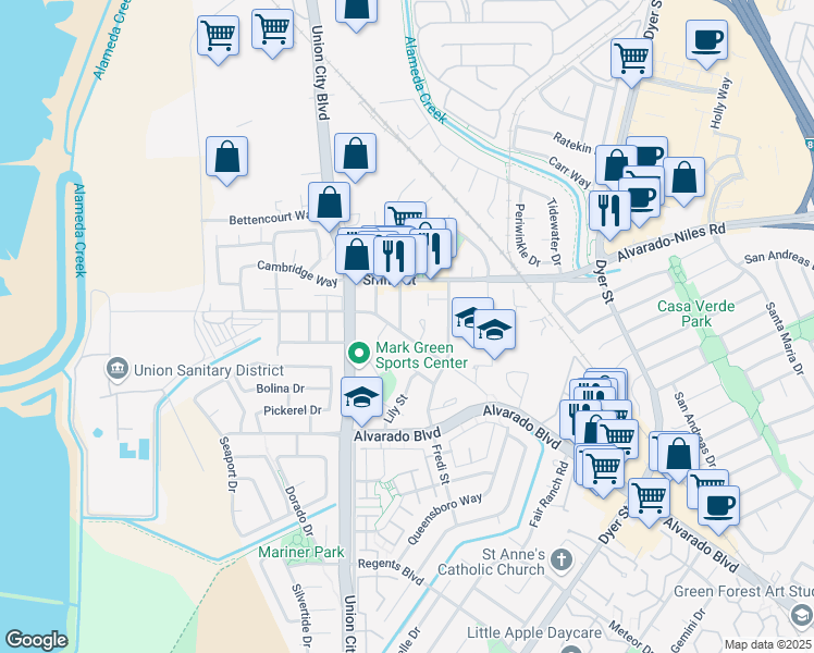 map of restaurants, bars, coffee shops, grocery stores, and more near 31132 Watkins Street in Union City