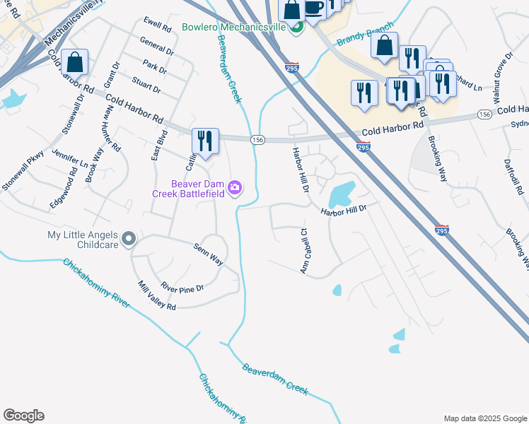 map of restaurants, bars, coffee shops, grocery stores, and more near 7115 Bruce Academy Court in Mechanicsville