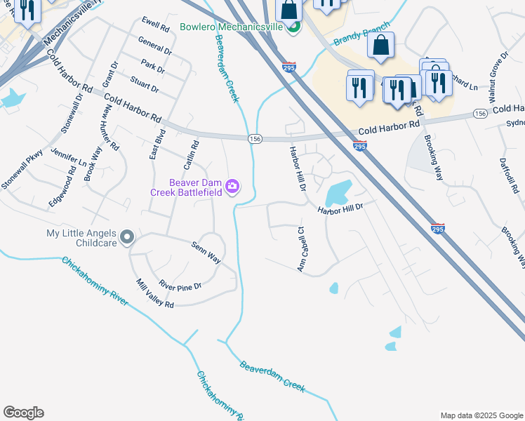 map of restaurants, bars, coffee shops, grocery stores, and more near 7115 Bruce Academy Court in Mechanicsville