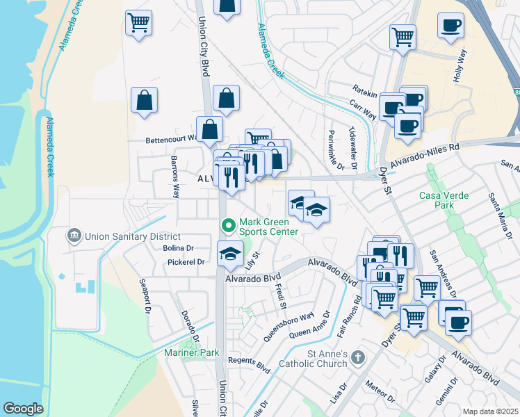 map of restaurants, bars, coffee shops, grocery stores, and more near 31132 Watkins Street in Union City