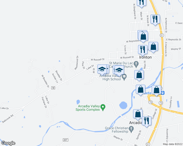 map of restaurants, bars, coffee shops, grocery stores, and more near 320 South McCune Street in Ironton