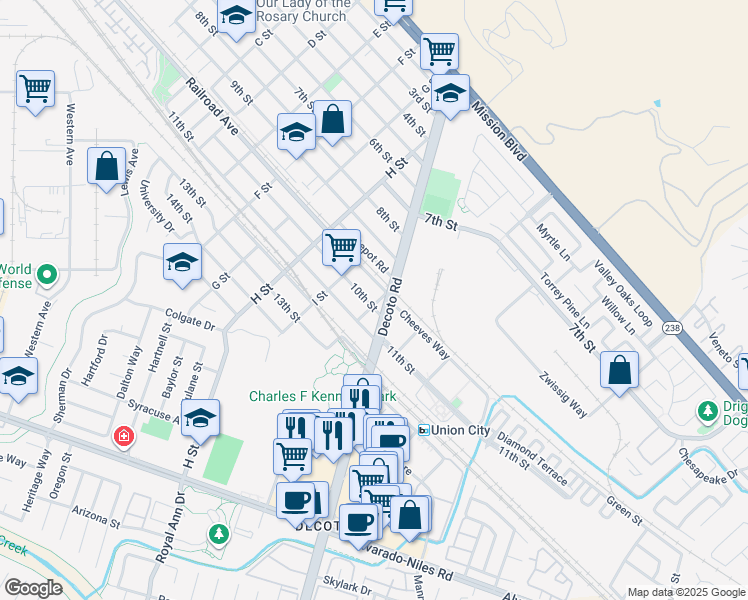 map of restaurants, bars, coffee shops, grocery stores, and more near 33972 10th Street in Union City