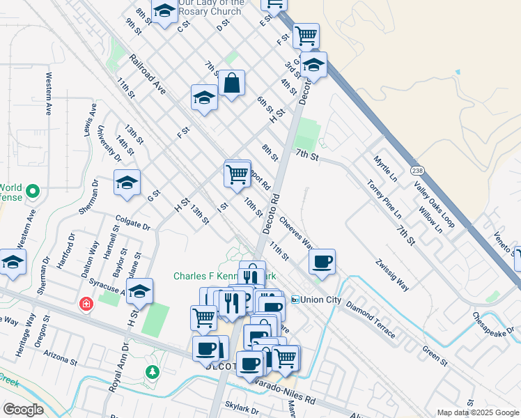 map of restaurants, bars, coffee shops, grocery stores, and more near 33972 10th Street in Union City