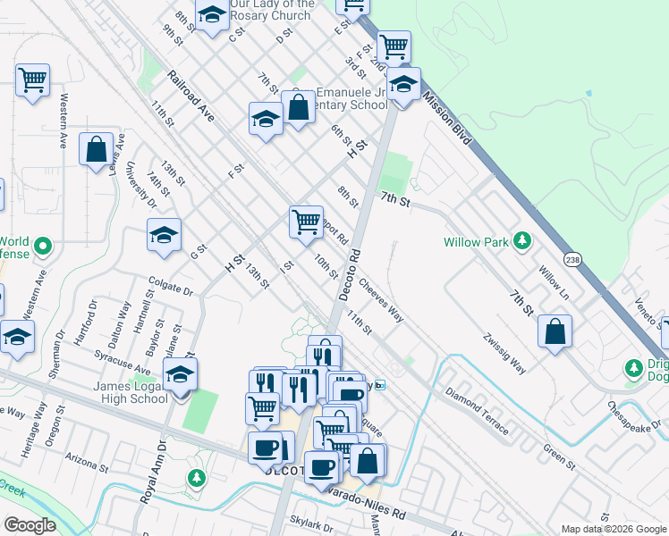 map of restaurants, bars, coffee shops, grocery stores, and more near 33972 10th Street in Union City