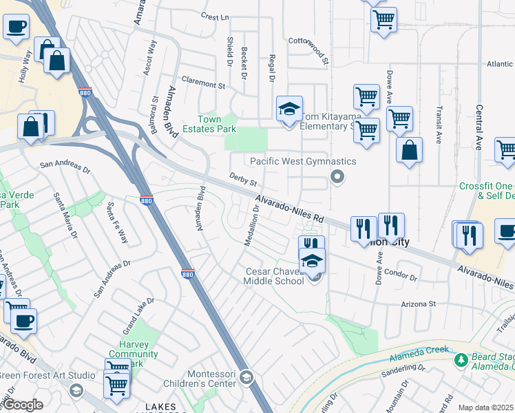 map of restaurants, bars, coffee shops, grocery stores, and more near 2189 Medallion Drive in Union City