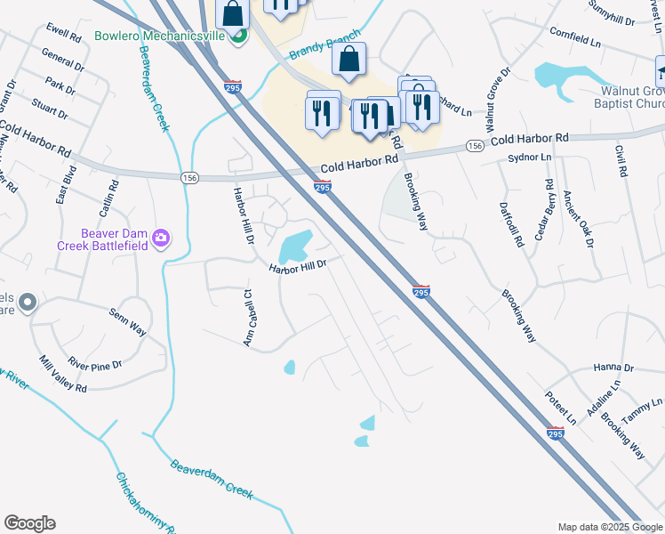 map of restaurants, bars, coffee shops, grocery stores, and more near 7209 Harbor Hill Drive in Mechanicsville