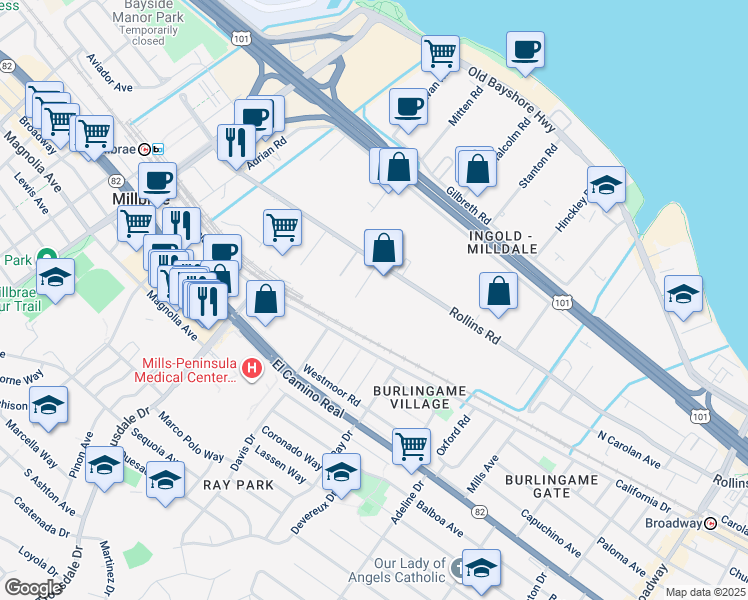 map of restaurants, bars, coffee shops, grocery stores, and more near 35 Ingold Road in Burlingame