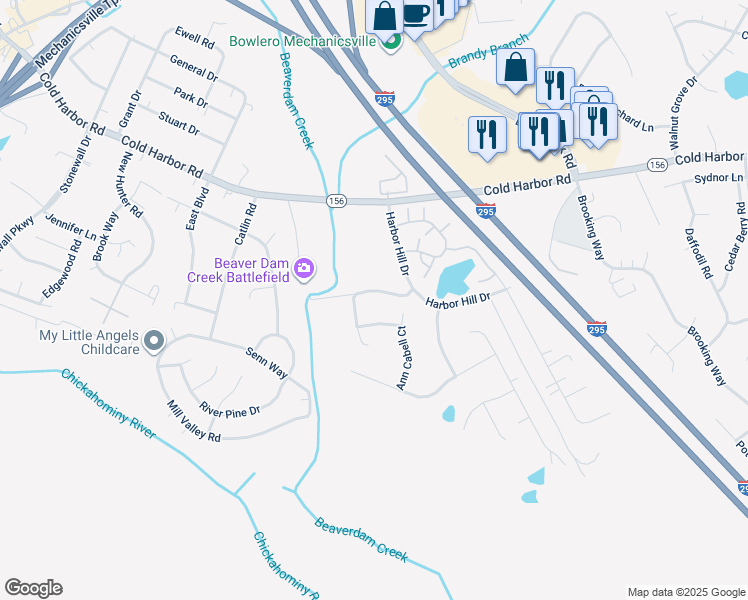 map of restaurants, bars, coffee shops, grocery stores, and more near 7285 Old Cold Harbor Road in Mechanicsville
