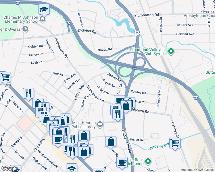 map of restaurants, bars, coffee shops, grocery stores, and more near 4915 Regent Road in Richmond