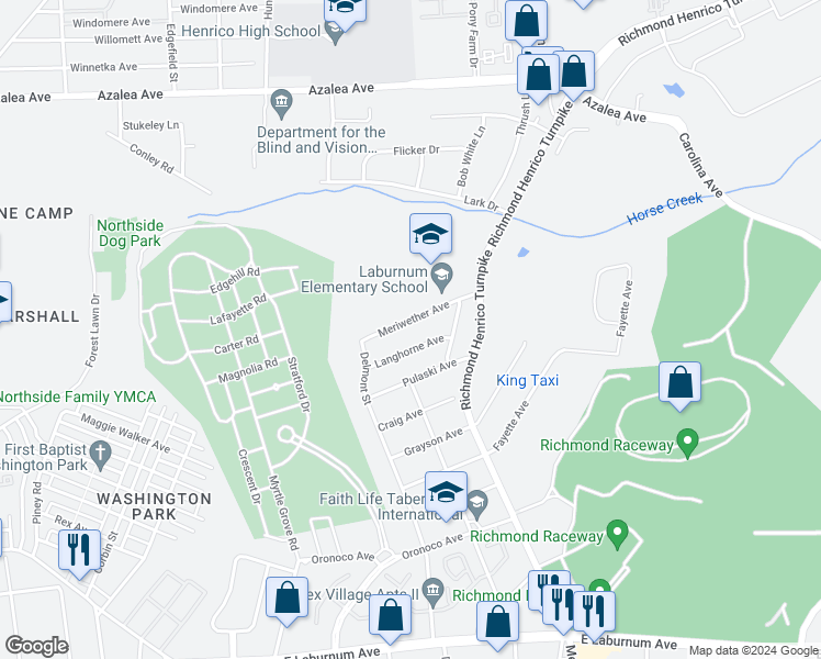 map of restaurants, bars, coffee shops, grocery stores, and more near 515 Meriwether Avenue in Richmond