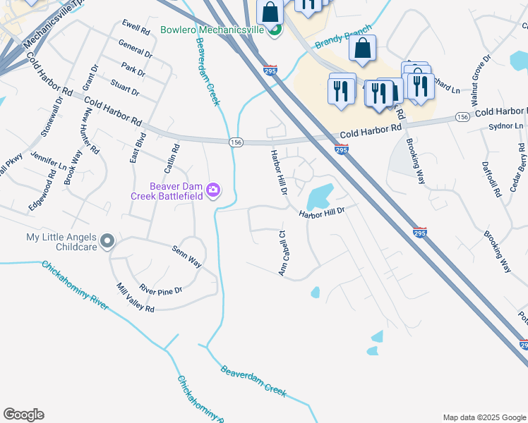 map of restaurants, bars, coffee shops, grocery stores, and more near 7285 Old Cold Harbor Road in Mechanicsville