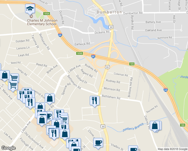 map of restaurants, bars, coffee shops, grocery stores, and more near 4902 Regent Road in Richmond