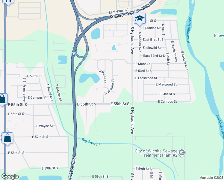 map of restaurants, bars, coffee shops, grocery stores, and more near 5546 South Victoria Court in Wichita