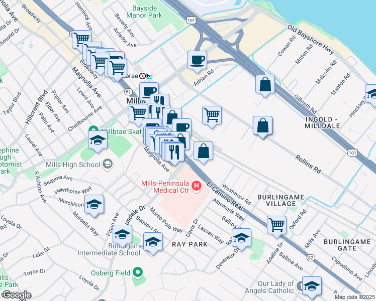 map of restaurants, bars, coffee shops, grocery stores, and more near 1810 El Camino Real in Burlingame