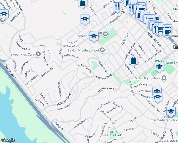 map of restaurants, bars, coffee shops, grocery stores, and more near 1108 Hillcrest Boulevard in Millbrae