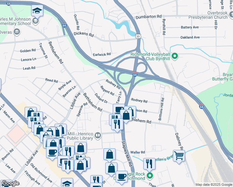 map of restaurants, bars, coffee shops, grocery stores, and more near 4902 Regent Road in Richmond