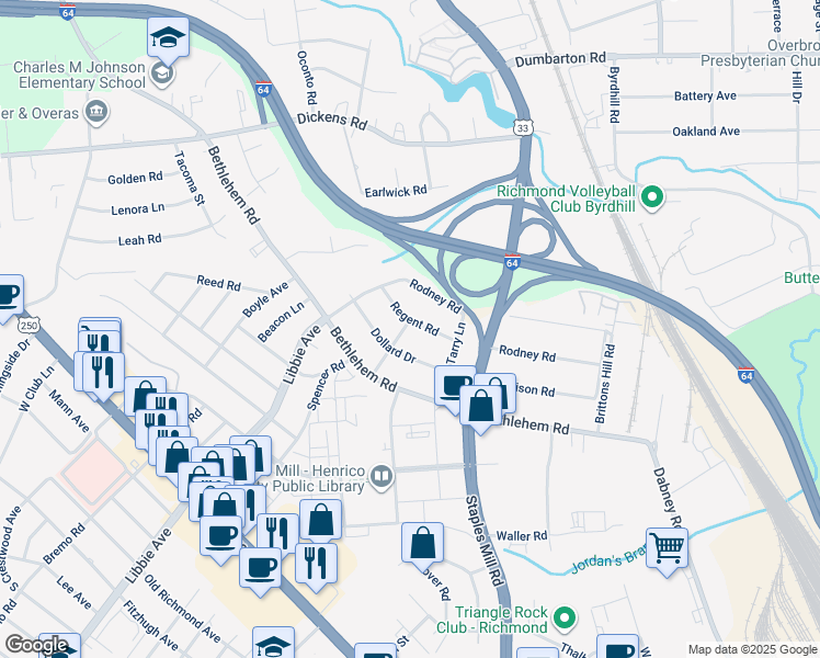 map of restaurants, bars, coffee shops, grocery stores, and more near 4915 Regent Road in Richmond