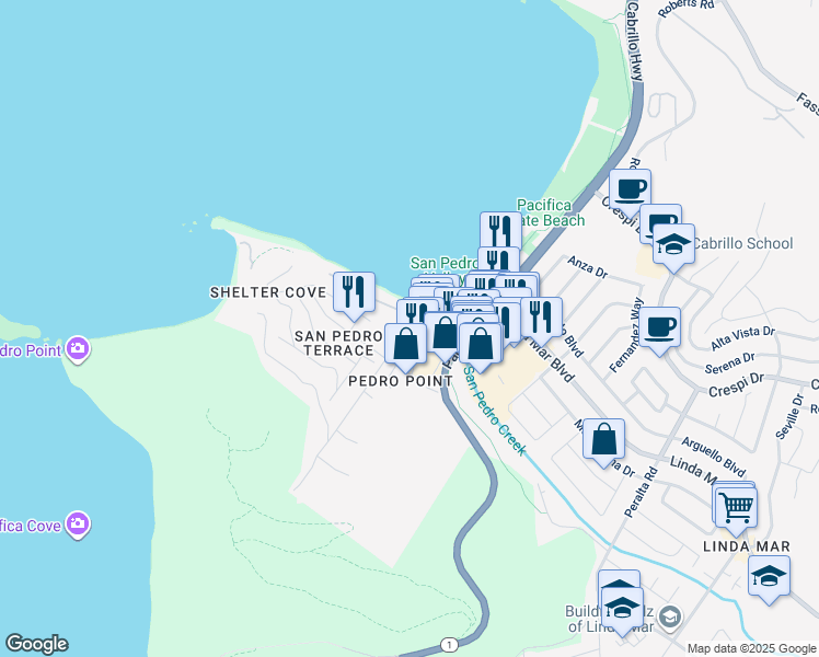 map of restaurants, bars, coffee shops, grocery stores, and more near 315 San Pedro Avenue in Pacifica