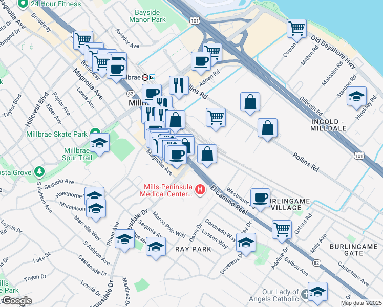 map of restaurants, bars, coffee shops, grocery stores, and more near 1810 El Camino Real in Burlingame