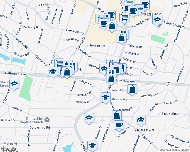 map of restaurants, bars, coffee shops, grocery stores, and more near 8711 Mapleton Road in Richmond