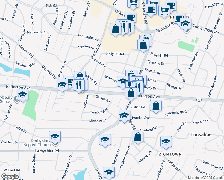 map of restaurants, bars, coffee shops, grocery stores, and more near 8711 Mapleton Road in Richmond