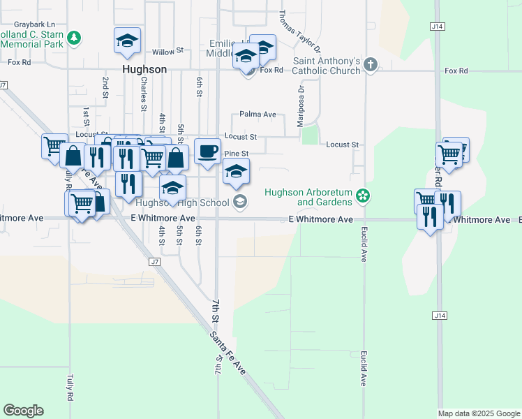 map of restaurants, bars, coffee shops, grocery stores, and more near 7507 East Whitmore Avenue in Hughson