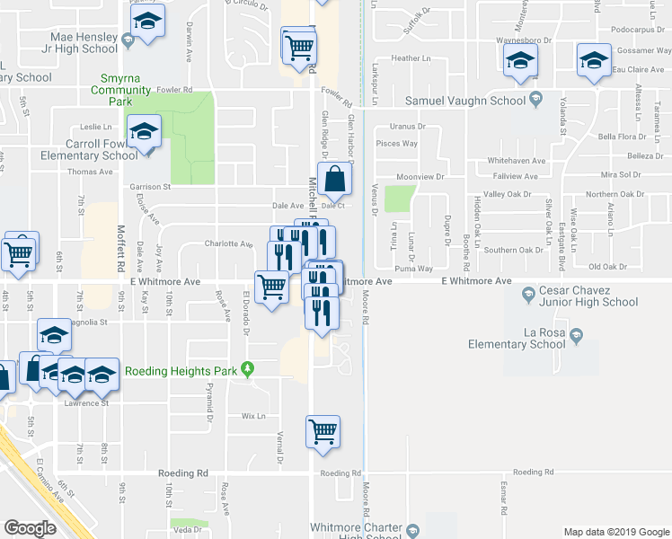 map of restaurants, bars, coffee shops, grocery stores, and more near 3109 East Whitmore Avenue in Ceres