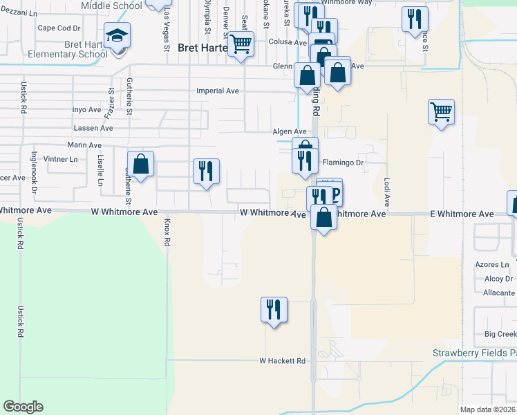 map of restaurants, bars, coffee shops, grocery stores, and more near 412 West Whitmore Avenue in Modesto
