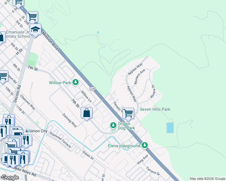 map of restaurants, bars, coffee shops, grocery stores, and more near 241 Donoso Plaza in Union City