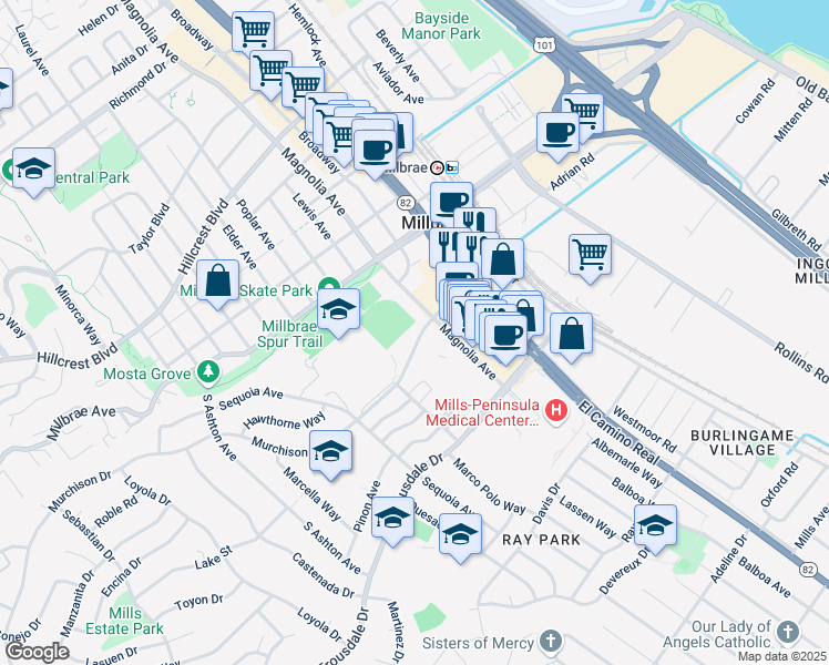 map of restaurants, bars, coffee shops, grocery stores, and more near 400 Murchison Drive in Millbrae