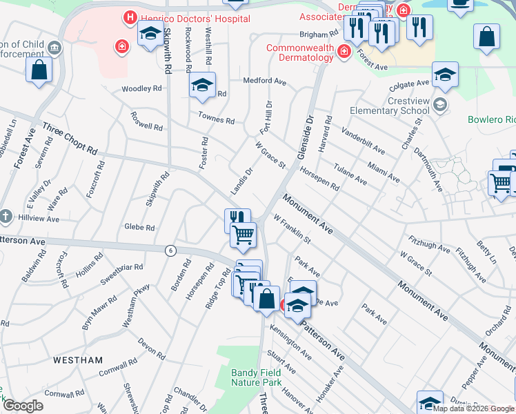 map of restaurants, bars, coffee shops, grocery stores, and more near 7302 Three Chopt Road in Richmond