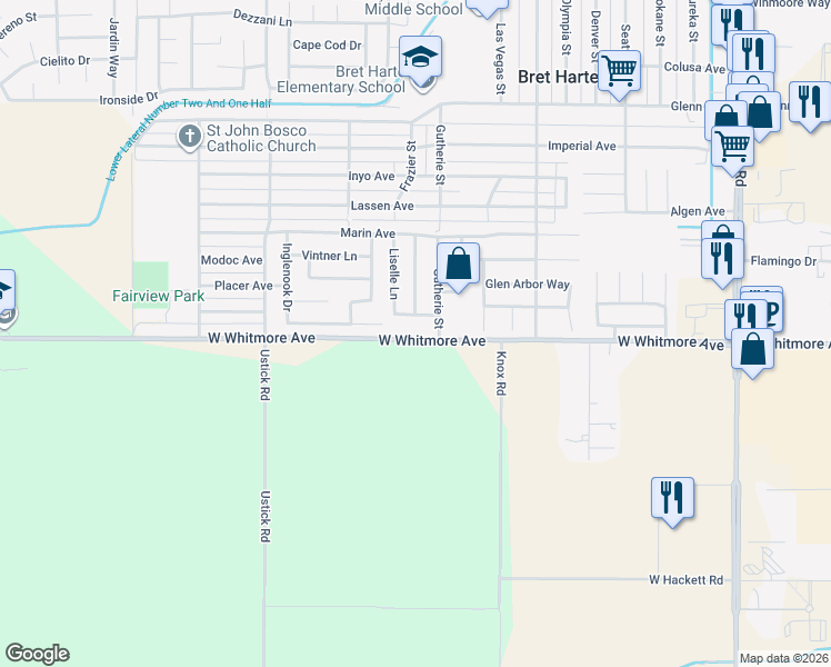 map of restaurants, bars, coffee shops, grocery stores, and more near 921 West Whitmore Avenue in Modesto