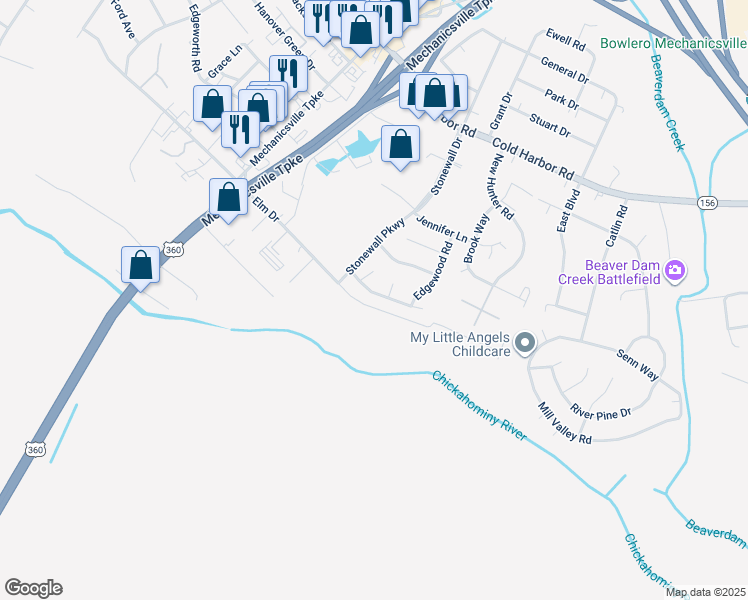 map of restaurants, bars, coffee shops, grocery stores, and more near 8009 Dominion Park Drive in Mechanicsville