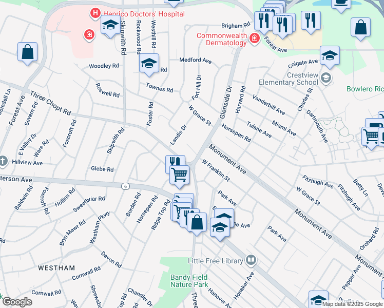 map of restaurants, bars, coffee shops, grocery stores, and more near 7303 West Franklin Street in Richmond