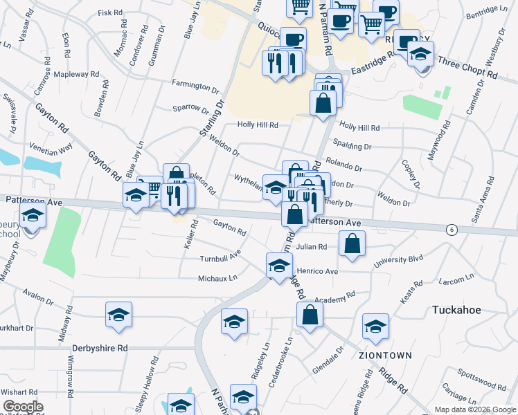 map of restaurants, bars, coffee shops, grocery stores, and more near 908 Kevin Drive in Richmond