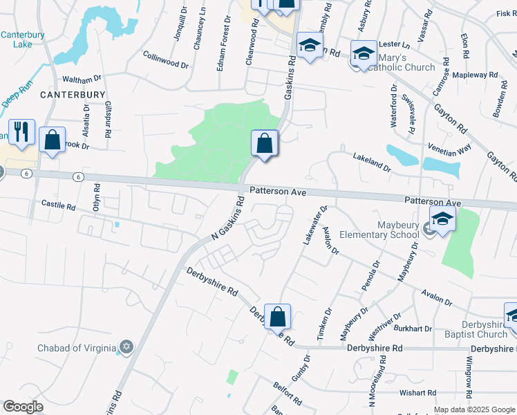 map of restaurants, bars, coffee shops, grocery stores, and more near 9513 Nassington Court in Richmond