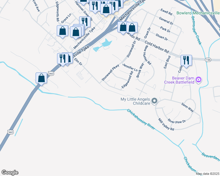 map of restaurants, bars, coffee shops, grocery stores, and more near 8009 Dominion Park Drive in Mechanicsville
