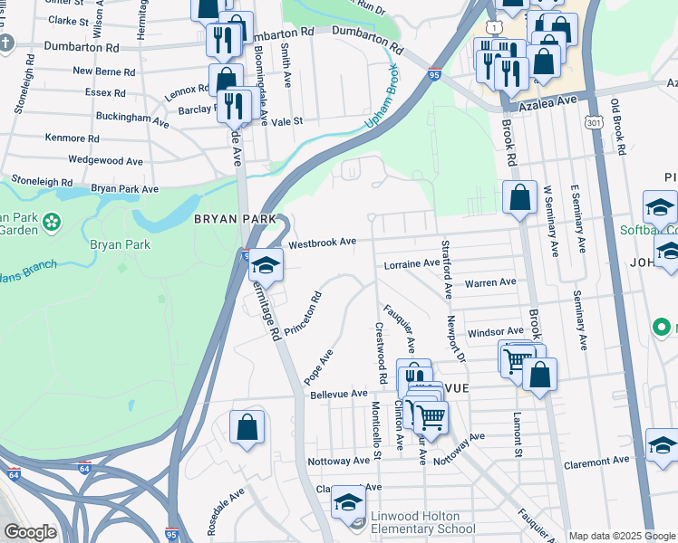 map of restaurants, bars, coffee shops, grocery stores, and more near 1604 Princeton Road in Richmond
