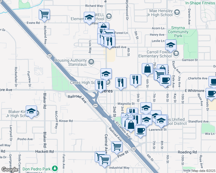 map of restaurants, bars, coffee shops, grocery stores, and more near 2320 Central Avenue in Ceres