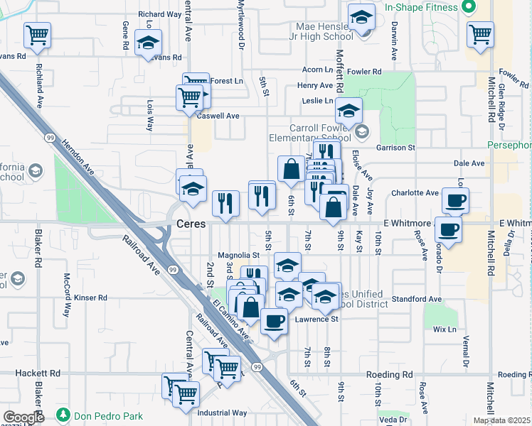 map of restaurants, bars, coffee shops, grocery stores, and more near 2362 East Whitmore Avenue in Ceres