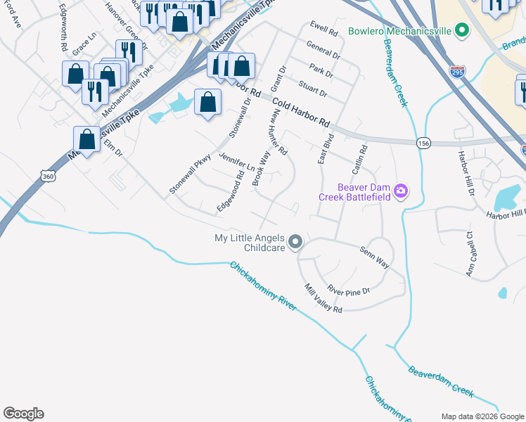 map of restaurants, bars, coffee shops, grocery stores, and more near 7102 New Hunter Road in Mechanicsville