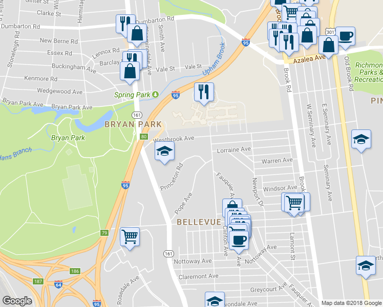 map of restaurants, bars, coffee shops, grocery stores, and more near 1604 Princeton Road in Richmond