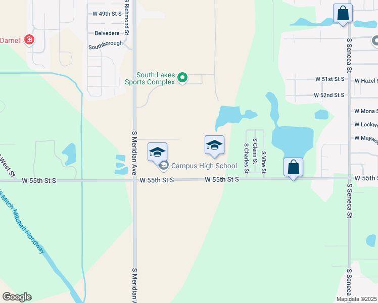 map of restaurants, bars, coffee shops, grocery stores, and more near 2100 West 55th Street South in Wichita