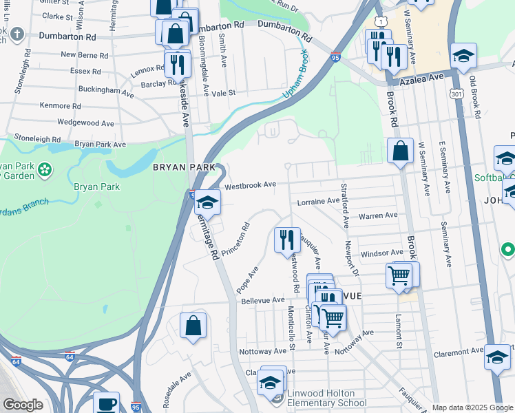 map of restaurants, bars, coffee shops, grocery stores, and more near 1615 Westbrook Avenue in Richmond