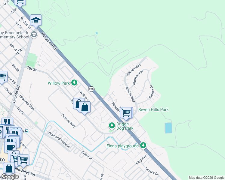 map of restaurants, bars, coffee shops, grocery stores, and more near 234 Entrada Plaza in Union City
