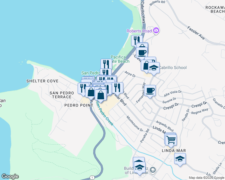 map of restaurants, bars, coffee shops, grocery stores, and more near Linda Mar Shopping Center in Pacifica